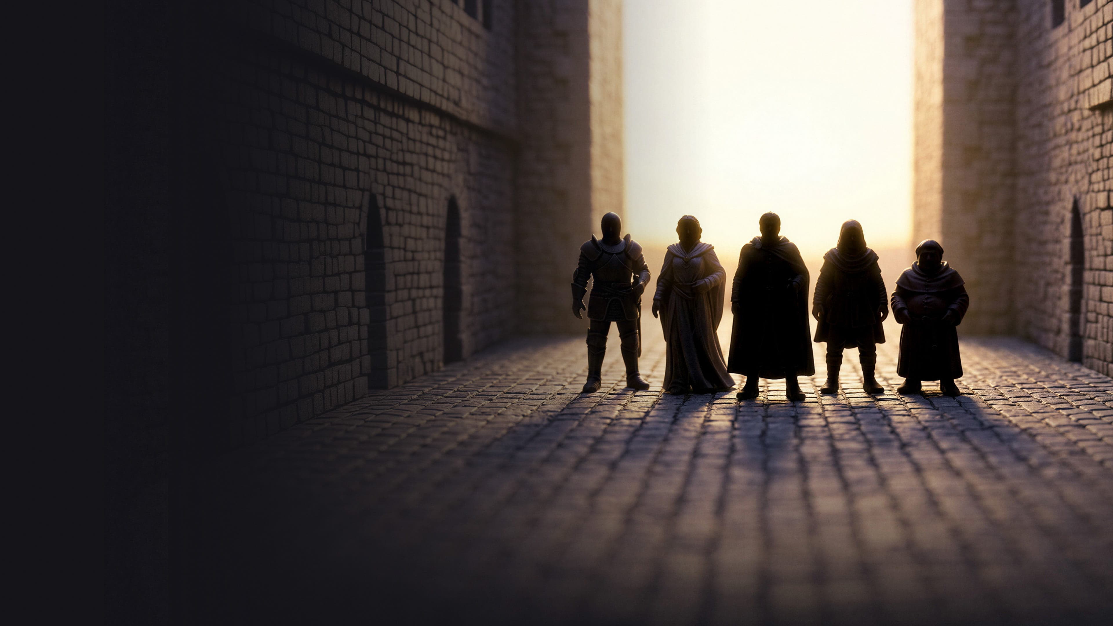 Team of professionals standing in a brick corridor facing toward light