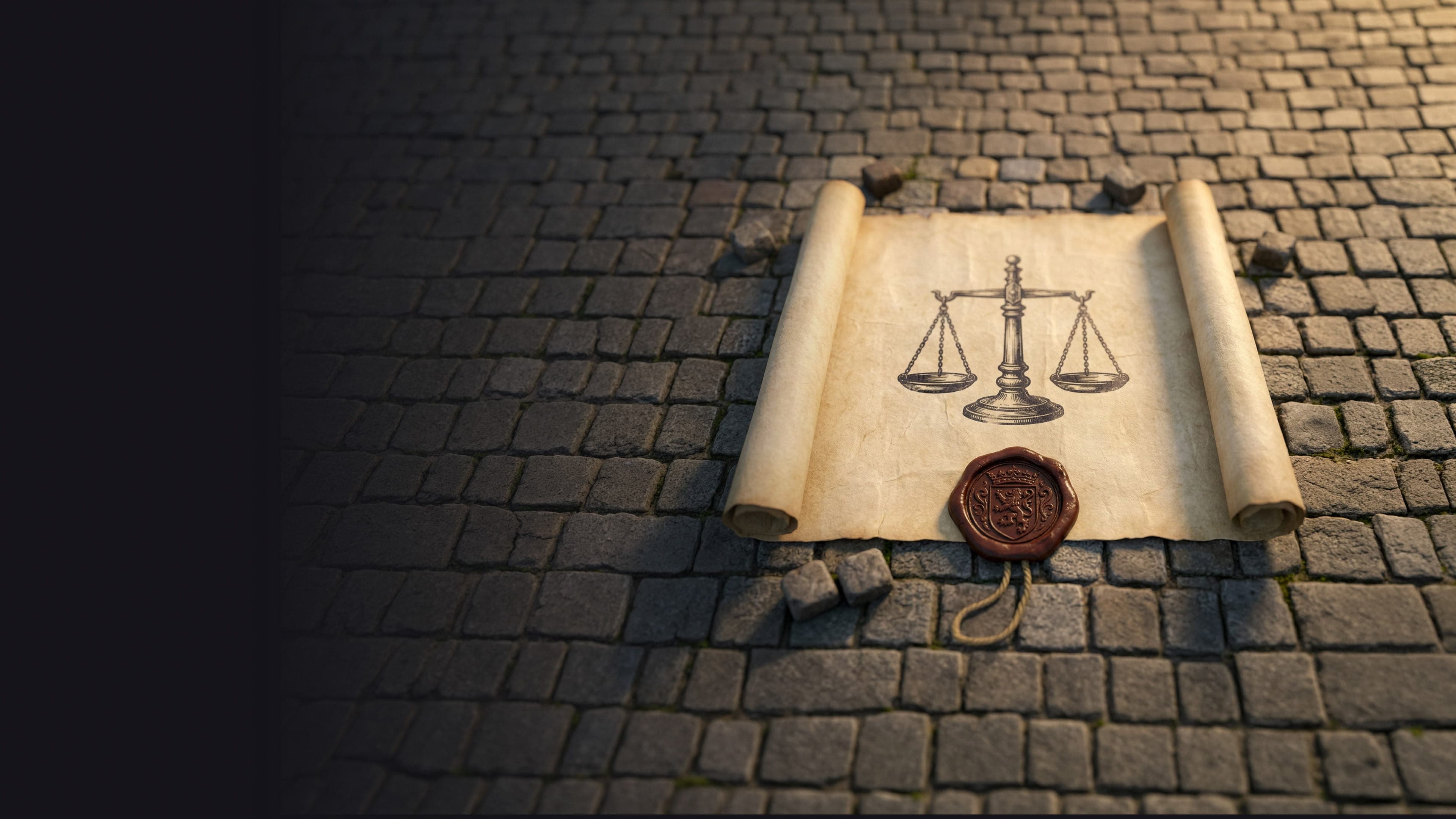 Aged parchment scroll with scales of justice symbol and wax seal on brick surface
