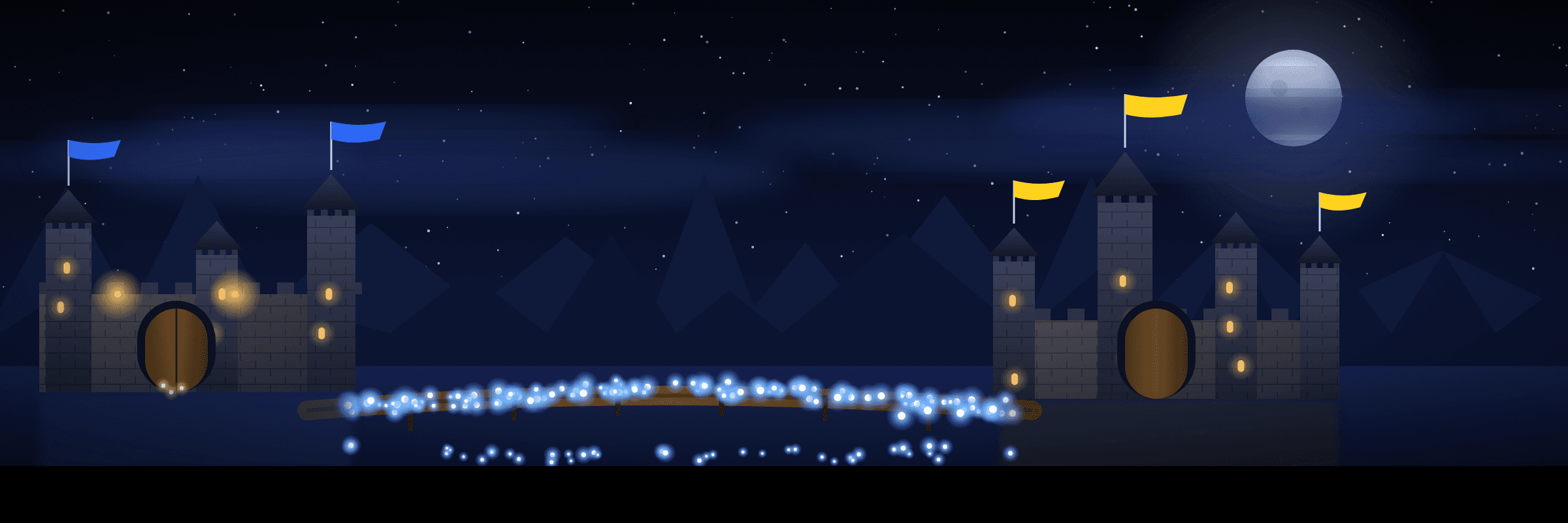 A swarm of lights crossing a stone bridge from a walled compound toward a castle at night