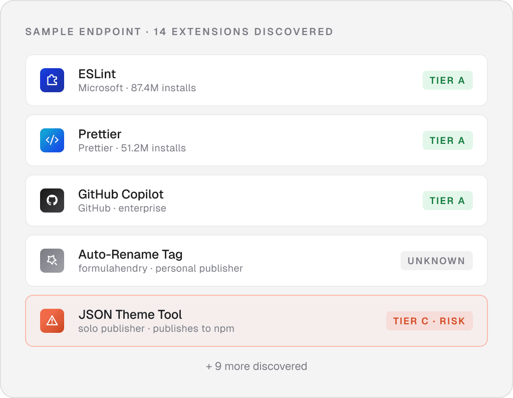 Sample endpoint inventory highlighting discovered developer extensions and risk tiers.