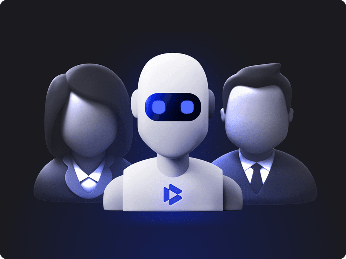 Three stylized figures representing team members, with an AI robot in the center
