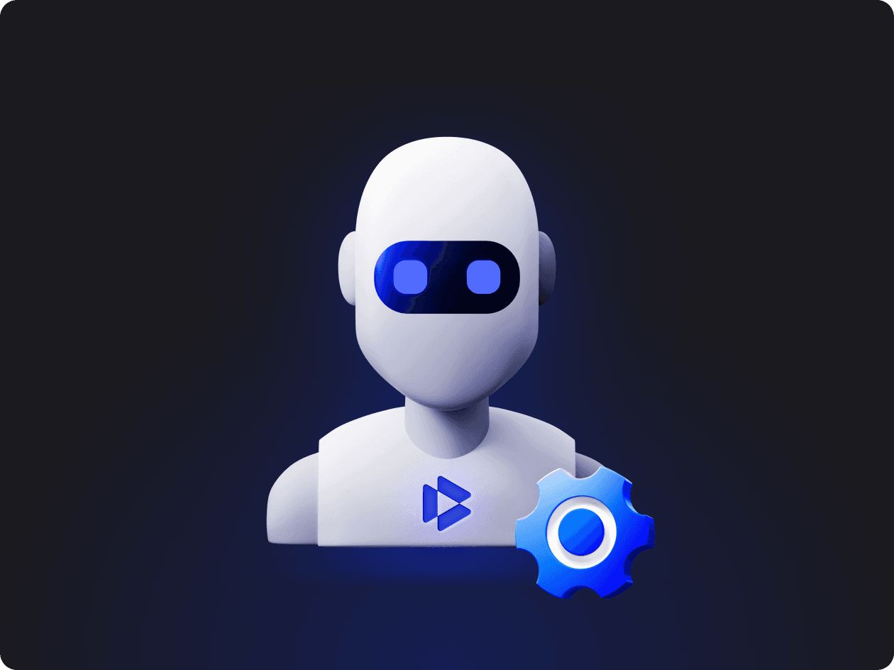 Robot with blue eyes and play button icon, representing AI that adapts to your controls